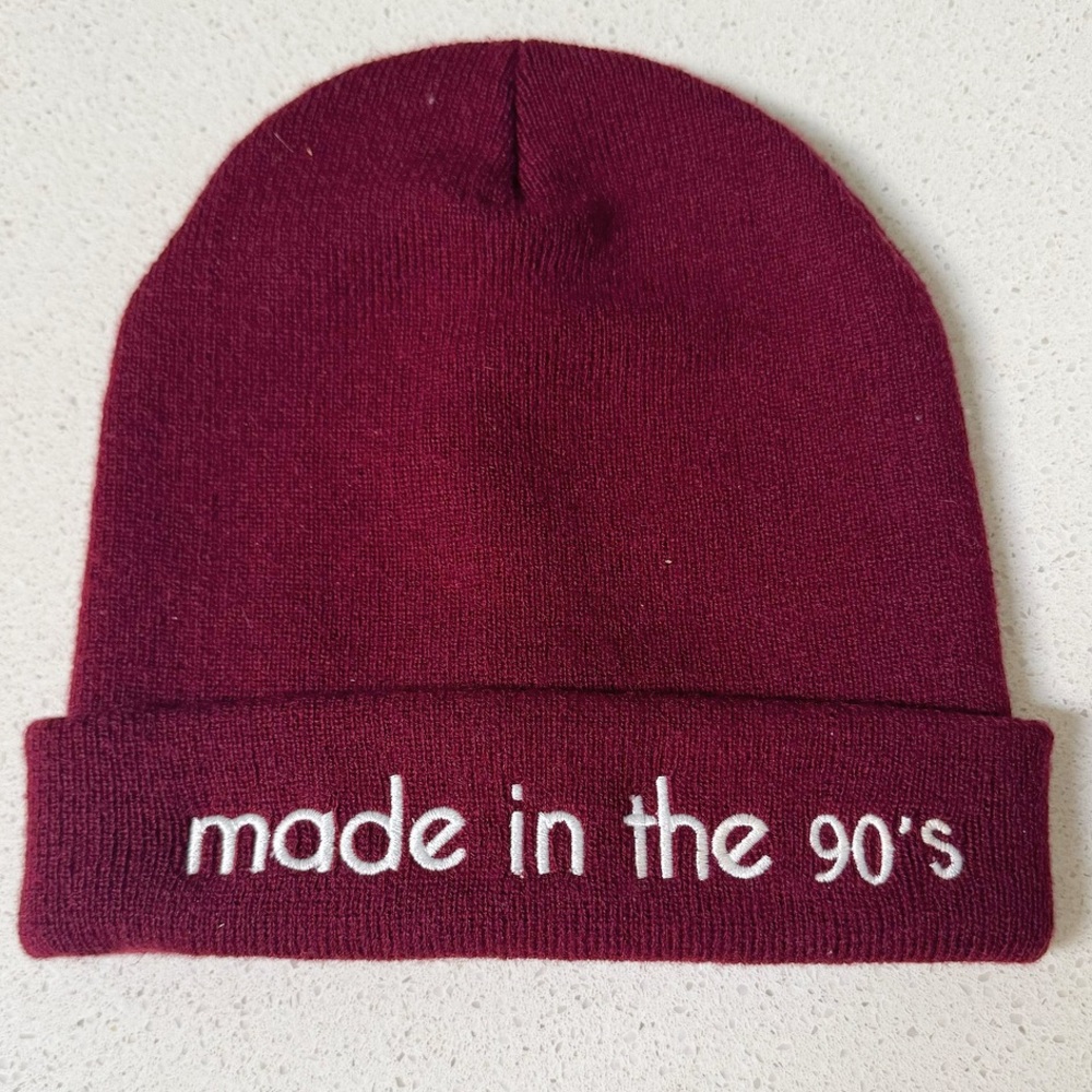 Made in the 90s maroon white knit beanie hat one size